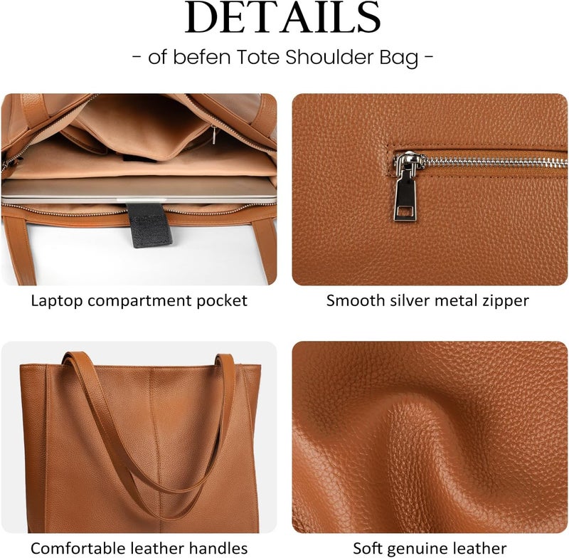 befen Genuine Leather Tote Bag for Women Work, Women's Leather Shoulder Bags Purses Satchel Handbags with Laptop Compartment - Image 5